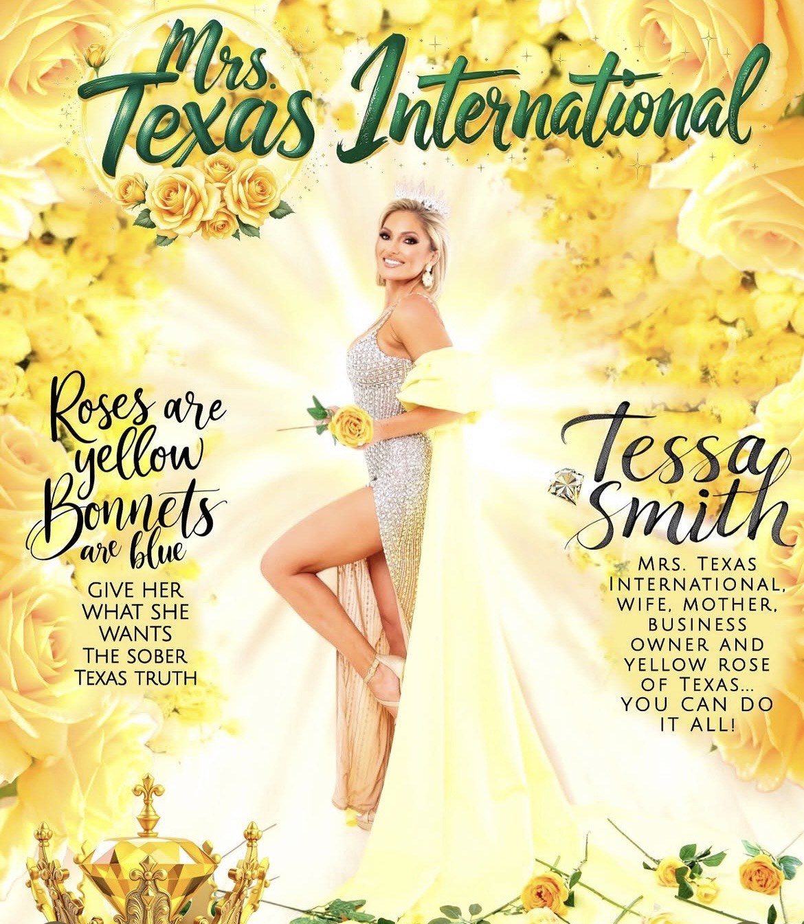 Tessa Smith featured in a yellow rose Mrs. Texas International graphic